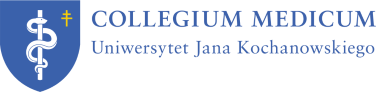 logo tarcza fioletowa, wąż owija laskę. Napis Collegium Medicum UJK